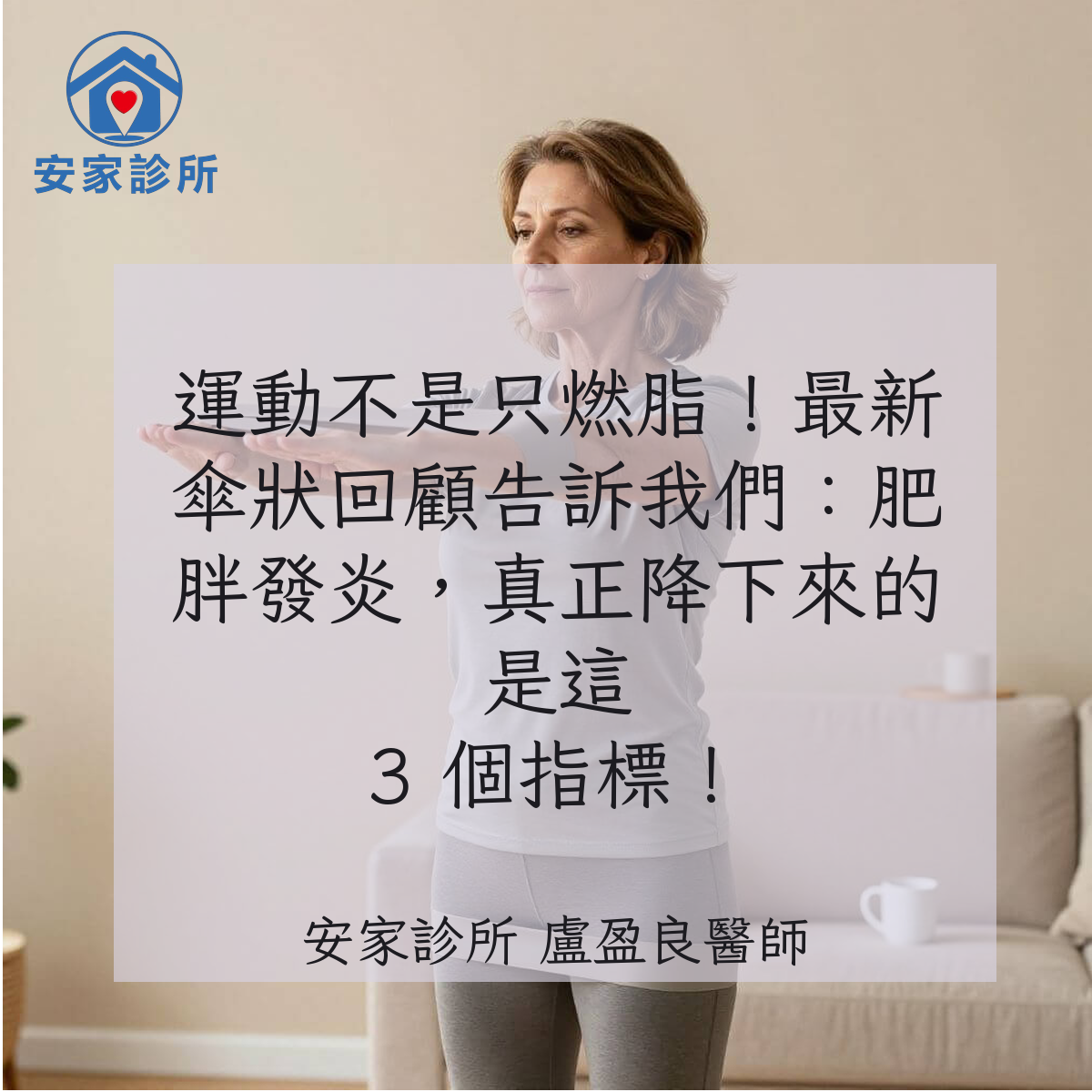 運動、肥胖發炎與 CRP、IL-1β、IL-8 降低的臨床示意圖